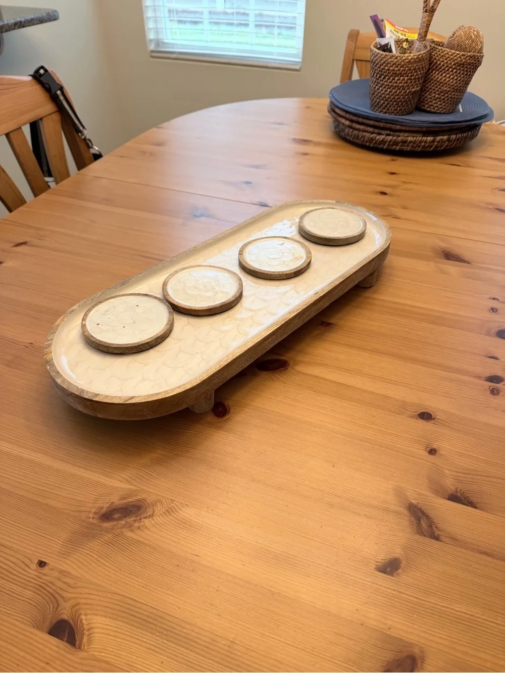 Wooden Elevated Tray with Ceramic Inlay - Cream with matching coasters